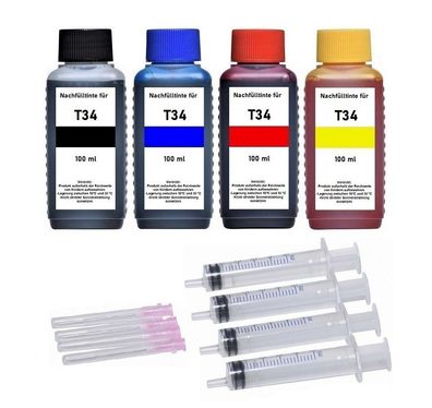 Nachfüllset für Epson Tintenpatronen T3471, T3472, T3473, T3474 - 4 x 100 ml Tinte