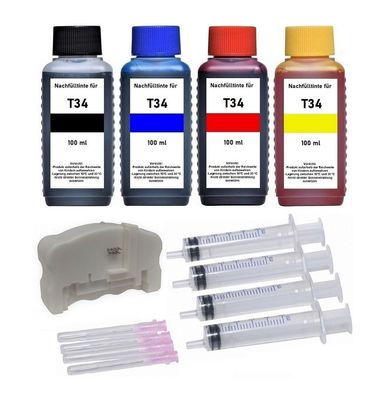 Nachfüllset 400 ml Nachfülltinte + Chipresetter für Epson Tintenpatronen T34, T34XL