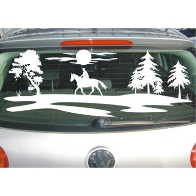 Aufkleber Pferd Landschaft Bäume Feld Wiese Reiter Sonne Baum Sticker Folie