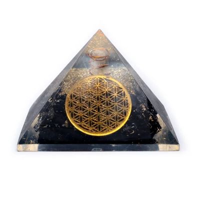 Schwarzer Turmalin Pyramide mit Blume des Lebens -- 7x7x6cm