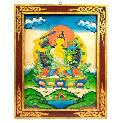 Buddha Manjushri Tangkha Tafel aus Holz -- 33x44cm