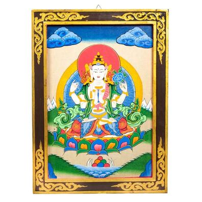 Buddha Chenrezig Thankha Tafel Holz -- 33x44cm
