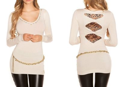 Sexy Damen Long V Strass Pullover Leopard Spitze Rücken Pulli Fein Strick XS/ S beige