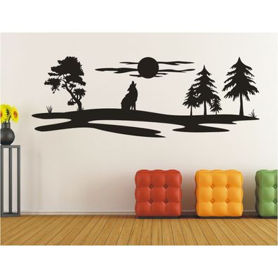 Wandtattoo Landschaft Wolf heult Bäume Feld Wiese Mond Sticker Wandaufkleber