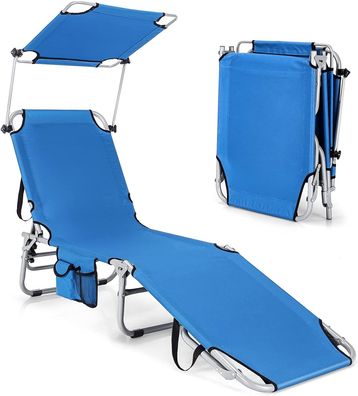 Sonnenliege mit Dach & Seitentasche, klappbarer Liegestuhl mit 5 verstellbaren Rücken