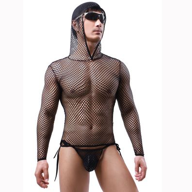 Herren 2er Set Wetlook Outfits Netz Hoody Unterhosen Erotische Nachtwäsche