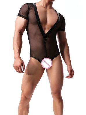Herren Netz Overall Offene Brust sexy Bodysuit Wetlook Fetisch Männerbody M-XL