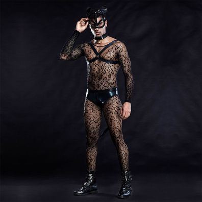 Sexy Herren Netz Lace 6er Set Langarm Bodysuit Cosplay Männerbody transparent Catsuit
