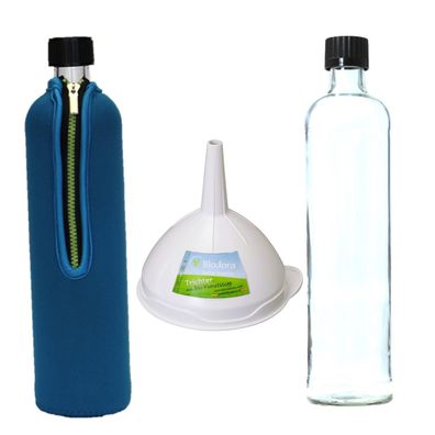 Dora´s Set mit Glasflasche 500 ml mit Neoprenbezug Blau, Ersatzflasche und Trichter