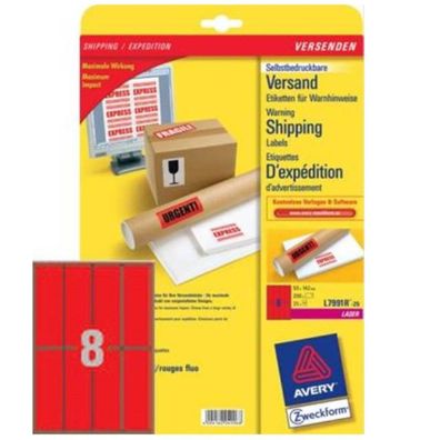 Avery 200x Warn-Etiketten 50x142mm Rot Paket-Aufkleber Versand Hinweis-Etiketten