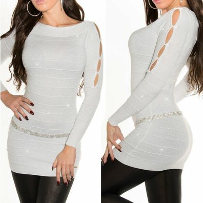 SeXy Miss Damen Feinstrick Long Pullover Pulli Cuts Mini Kleid Lurex 34/36/38 weiß