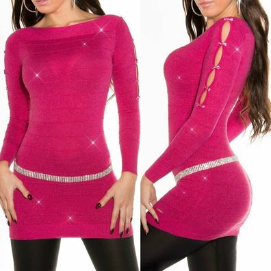 SeXy Miss Damen Feinstrick Long Pullover Pulli Cuts Mini Kleid Lurex 34/36/38 pink