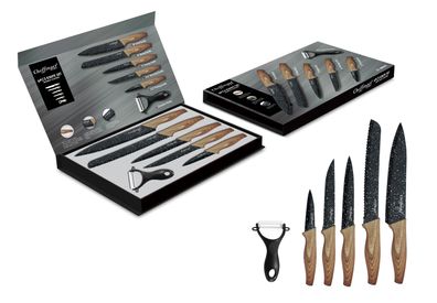 6 teiliges Messerset 5 Messer 1 Sparschäler Kochmesser Holzoptik in Klappbox mit ...