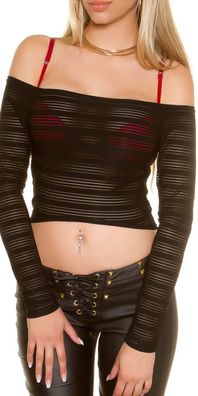 SeXy MiSS Damen Langarm Carmen Crop Top Transparent Streifen Shirt XS/ S schwarz