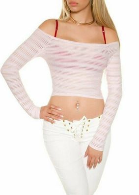 SeXy MiSS Damen Langarm Carmen Crop Top Transparent Streifen Shirt XS/ S rosa