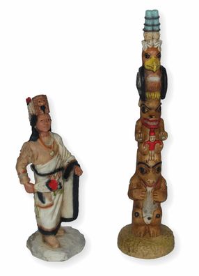 Indianerfigur Seattle Häuptling Duwamish H 17 cm mit Totempfahl H 25,5 cm Castagna