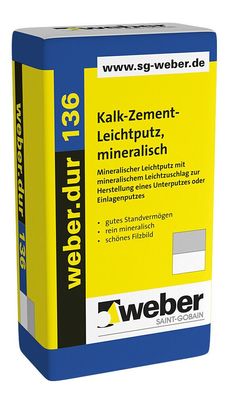 0,71 €/ kg) 30 kg Weber Kalk-Zement-Leichtputz weber. dur 136, naturgrau