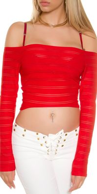 SeXy MiSS Damen Langarm Carmen Crop Top Transparent Streifen Shirt XS/ S rot