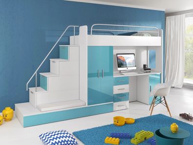 Modernes Hochbett mit Schreibtisch RONI 5 Schrank, Treppe und Gästebett in Hochglanz