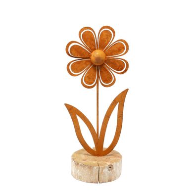 Blume Dekofigur Rost Metall auf Holzfuß H 21 cm
