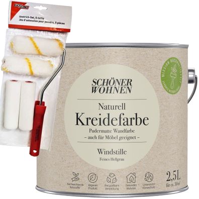 2,5L Schöner Wohnen Naturell Kreidefarbe Windstille, Feines Hellgrau + Farbroller-Set