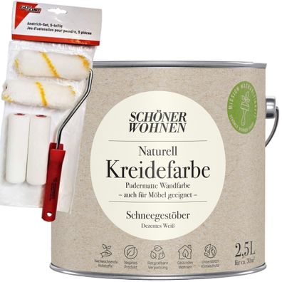 2,5L Schöner Wohnen Naturell Kreidefarbe Schneegestöber, Dezentes Weiß + Farbroller-S