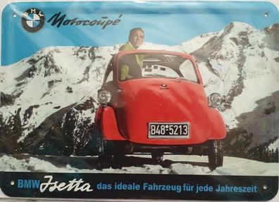 Blechpostkarte 14,5 cm x 10,0 cm BMW Isetta Motocoupe das ideale Fahrzeug rot 1955