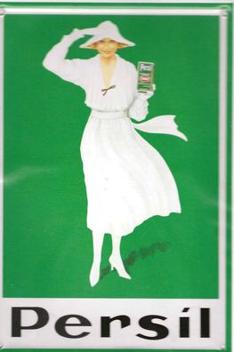 Blechpostkarte 14,5 cm x 10,0 cm Persil Waschpulver weiße Dame