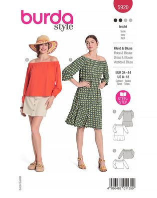 burda style Papierschnittmuster Bluse und Kleid mit Carmenausschnitt #5920