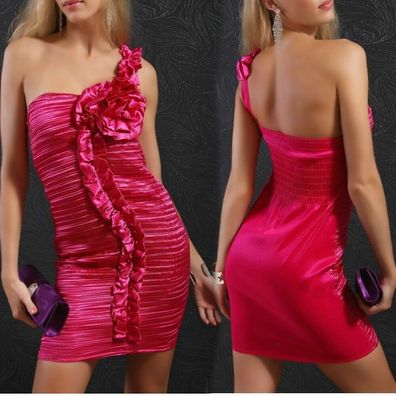Sexy Miss Damen SeXy one Shoulder Volant Mini Kleid satin 34/36/38 glanz Plissee pink