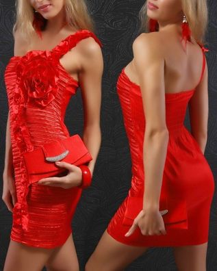 Sexy Miss Damen SeXy one Shoulder Volant Mini Kleid satin 34/36/38 glanz Plissee rot