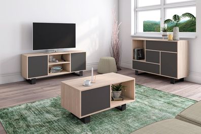 Esszimmermöbelset bestehend aus 1 Sideboard, 1 Möbel TV140, 1 Couchtisch, Eiche/ Grau