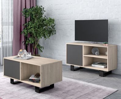Esszimmermöbelset bestehend aus 1 TV100-Möbel,1 Couchtisch, Eiche/ Grau