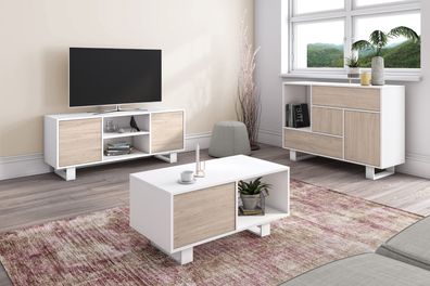 Esszimmermöbelset bestehend aus 1 Sideboard, 1 Möbel TV140, 1 Couchtisch, Weiß/ Eiche