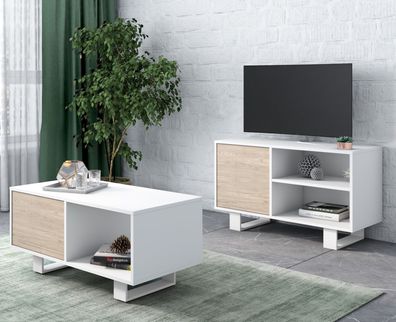 Esszimmermöbelset bestehend aus 1 TV100-Möbel und 1 Couchtisch, Weiß/ Eiche
