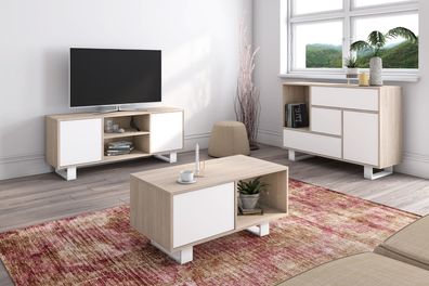 Esszimmermöbelset bestehend aus 1 Sideboard, 1 Möbel TV140, 1 Couchtisch, Eiche/ Weiß