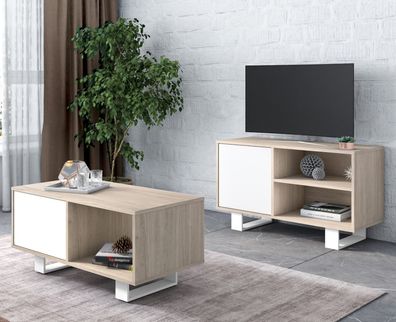 Esszimmermöbelset bestehend aus 1 TV100-Möbel und 1 Couchtisch, Eiche/ Weiß