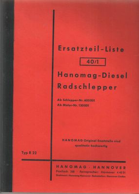 Ersatzteilliste Hanomag Diesel Radschlepper Typ R 22, Landtechnik, Trecker, Oldtimer