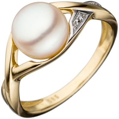 Damen Ring 585 Gold Gelbgold Perle Goldring Perlenring 1 Diamant-Brilliant