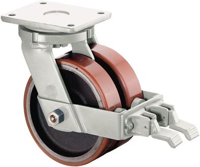 Doppel-Lenkrolle m. Feststeller D.100mm Trgf.590kg Guss-PUR-Rad Platte 138x110mm