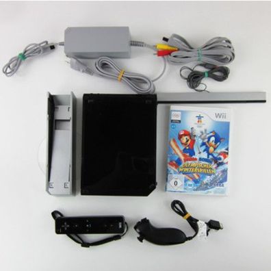 Wii Konsole in Schwarz + alle Kabel + Nunchuk + Fernbedienung + Spiel Mario & ...