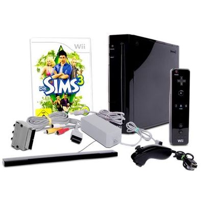 Wii Konsole in Schwarz + alle Kabel + Nunchuk + Fernbedienungen + Spiel Die Sims 3