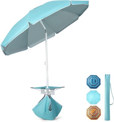 Sonnenschirm mit Tisch, Getränkehalter & Sandsack, Ø 176 cm Strandschirm, UPF 50+
