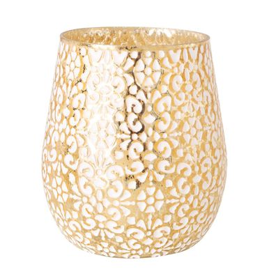 Windlicht / Vase "Eloise" aus lackiertem Glas, handgemalt, weiß und goldfarben