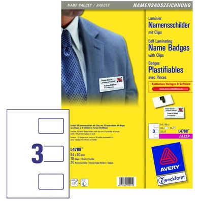 Avery 30x Namens-Schilder Clip Laminier Plastik-Karten Ausweise Namens-Etikett