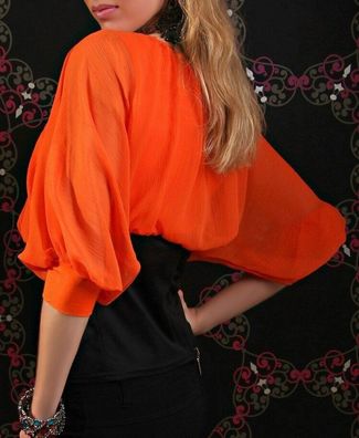 Sexy Miss Damen Chiffon Blusen Shirt Fledermaus Pump style Zipper 34/36/38 TOP Orange