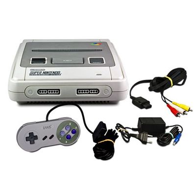 SNES - Super Nintendo Konsole + Ähnlicher Controller + Alle Kabel