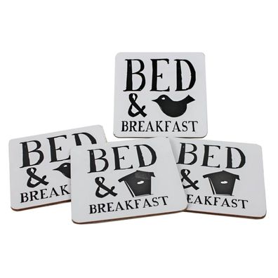 Van Manen 4er Set Bierdeckel "Bed & Breakfast" Spruch Glas Untersetzer