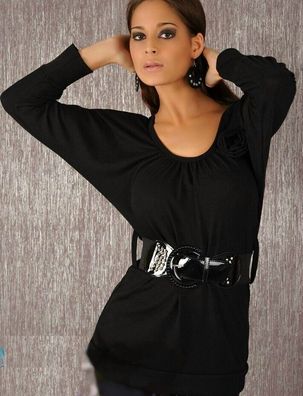 Sexy Miss Damen Pullover Long Shirt Pulli schwarz Gürtel Langarm Top 34/36/38