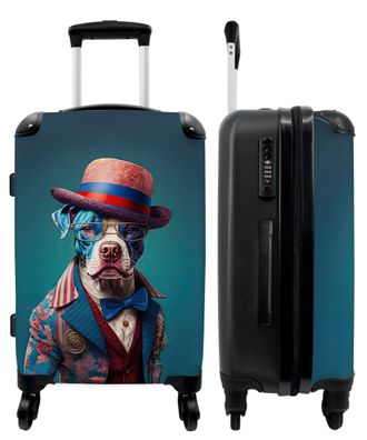 Großer Koffer - 90 Liter - Hund - Hut - Jacke - Blumen - Blau - Trolley - Reisekoffer